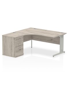 Dynamic Impulse 1600mm Left Crescent Office Desk Grey Oak Top Cable Managed 600 Deep Desk High Pedestal I003181