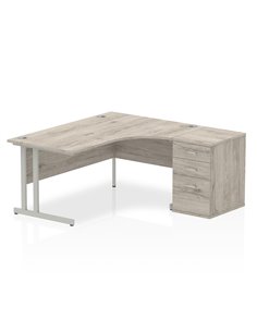 Dynamic Impulse 1600mm Right Crescent Office Desk Grey Oak Top Cantilever 600 Deep Desk High Pedestal I003183