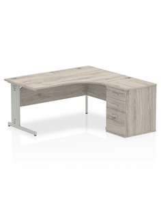 Dynamic Impulse 1600mm Right Crescent Office Desk Grey Oak Top Cable Managed 600 Deep Desk High Pedestal I003193