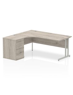 Dynamic Impulse 1800mm Left Crescent Office Desk Grey Oak Top Cantilever 600 Deep Desk High Pedestal I003201