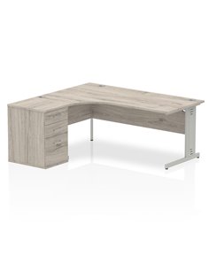 Dynamic Impulse 1800mm Left Crescent Office Desk Grey Oak Top Cable Managed 600 Deep Desk High Pedestal I003205