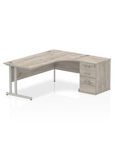 Dynamic Impulse 1800mm Right Crescent Office Desk Grey Oak Top Cantilever 600 Deep Desk High Pedestal I003207