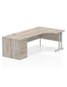 Dynamic Impulse 1800mm Right Crescent Office Desk Grey Oak Top Cantilever 800 Deep Desk High Pedestal I003208