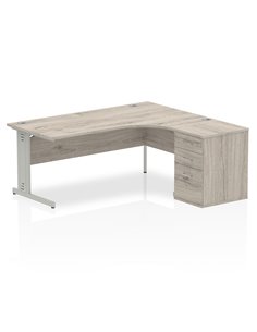 Dynamic Impulse 1800mm Right Crescent Office Desk Grey Oak Top Cable Managed 600 Deep Desk High Pedestal I003211