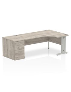 Dynamic Impulse 1800mm Right Crescent Office Desk Grey Oak Top Cable Managed 800 Deep Desk High Pedestal I003212