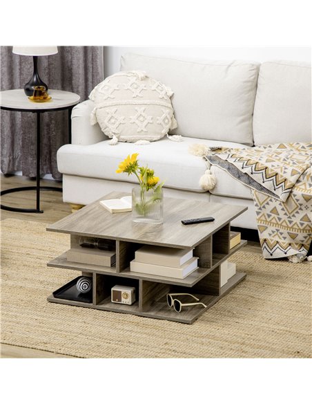 HOMCOM Square Coffee Tables for Living Room, Modern Cocktail Table with Multiple Storage Shelves, 70 x 70 x 36.5 cm, Grey - pic 7344 | FastDaddyshop