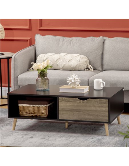 HOMCOM Coffee Table, Modern Tea Table with Open Storage Shelves, Two Drawers and Solid Wood Legs, Coffee Tables for Living Room, - pic 7355 | FastDaddyshop
