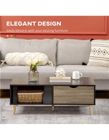 HOMCOM Coffee Table, Modern Tea Table with Open Storage Shelves, Two Drawers and Solid Wood Legs, Coffee Tables for Living Room,