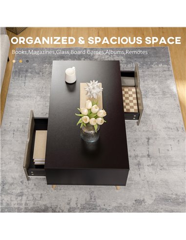 HOMCOM Coffee Table, Modern Tea Table with Open Storage Shelves, Two Drawers and Solid Wood Legs, Coffee Tables for Living Room,