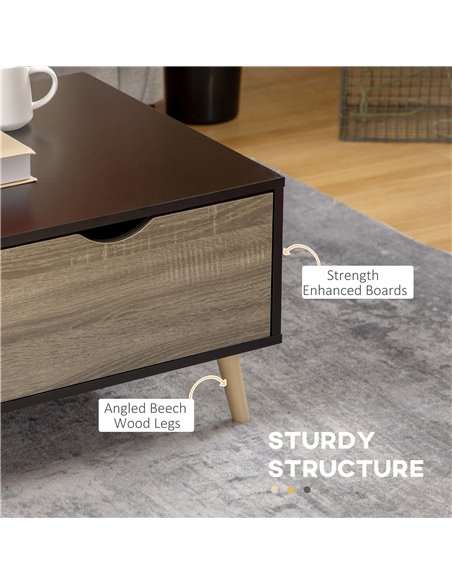 HOMCOM Coffee Table, Modern Tea Table with Open Storage Shelves, Two Drawers and Solid Wood Legs, Coffee Tables for Living Room, - pic 7359 | FastDaddyshop