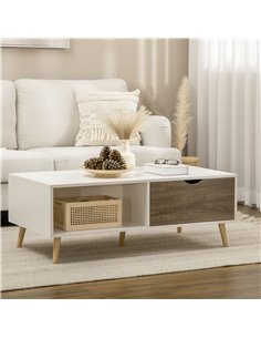 Homcom Coffee Table with Open Storage Shelves, Two Drawers and Solid Wood Legs, White 2