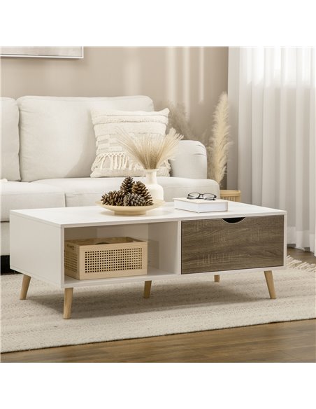 HOMCOM Coffee Table, Modern Tea Table with Open Storage Shelves, Two Drawers and Solid Wood Legs, Coffee Tables for Living Room, - pic 7363 | FastDaddyshop