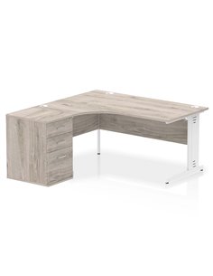 Dynamic Impulse 1600mm Left Crescent Office Desk Grey Oak Top Cable Managed 600 Deep Desk High Pedestal I004076