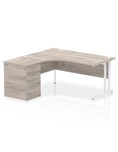 Dynamic Impulse 1600mm Left Crescent Office Desk Grey Oak Top Cantilever 600 Deep Desk High Pedestal I004078