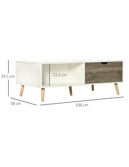 HOMCOM Coffee Table, Modern Tea Table with Open Storage Shelves, Two Drawers and Solid Wood Legs, Coffee Tables for Living Room, - pic 7364 | FastDaddyshop