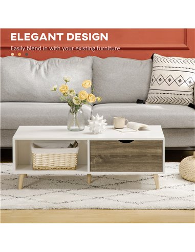 HOMCOM Coffee Table, Modern Tea Table with Open Storage Shelves, Two Drawers and Solid Wood Legs, Coffee Tables for Living Room,
