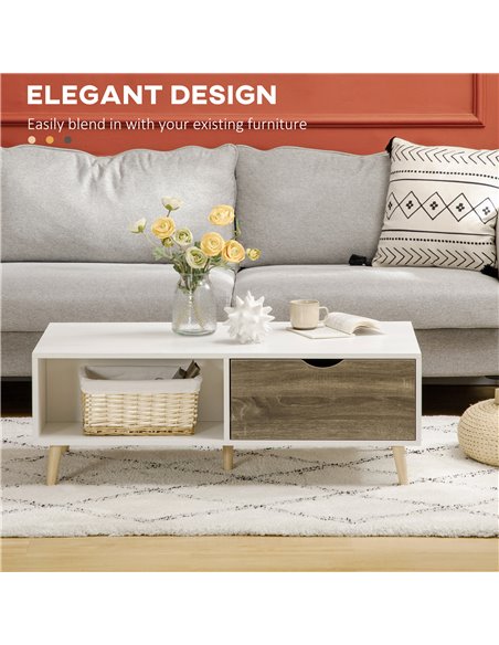HOMCOM Coffee Table, Modern Tea Table with Open Storage Shelves, Two Drawers and Solid Wood Legs, Coffee Tables for Living Room, - pic 7365 | FastDaddyshop