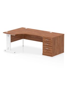 Dynamic Impulse 1600mm Left Crescent Office Desk Walnut Top Cable Managed 800 Deep Desk High Pedestal I004089