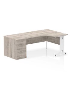 Dynamic Impulse 1600mm Right Crescent Office Desk Grey Oak Top Cable Managed 800 Deep Desk High Pedestal I004097