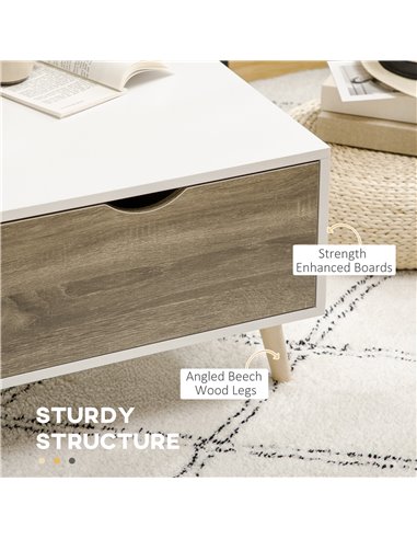 HOMCOM Coffee Table, Modern Tea Table with Open Storage Shelves, Two Drawers and Solid Wood Legs, Coffee Tables for Living Room,