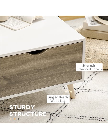HOMCOM Coffee Table, Modern Tea Table with Open Storage Shelves, Two Drawers and Solid Wood Legs, Coffee Tables for Living Room, - pic 7367 | FastDaddyshop