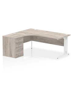 Dynamic Impulse 1800mm Left Crescent Office Desk Grey Oak Top Cable Managed 600 Deep Desk High Pedestal I004116