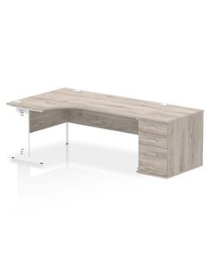 Dynamic Impulse 1800mm Left Crescent Office Desk Grey Oak Top Cable Managed 800 Deep Desk High Pedestal I004117