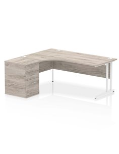 Dynamic Impulse 1800mm Left Crescent Office Desk Grey Oak Top Cantilever 600 Deep Desk High Pedestal I004118