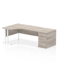 Dynamic Impulse 1800mm Left Crescent Office Desk Grey Oak Top Cantilever 800 Deep Desk High Pedestal I004119