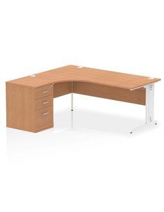 Dynamic Impulse 1800mm Left Crescent Office Desk Oak Top Cable Managed 600 Deep Desk High Pedestal I004124