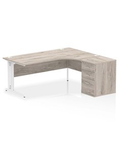 Dynamic Impulse 1800mm Right Crescent Office Desk Grey Oak Top Cable Managed 600 Deep Desk High Pedestal I004136
