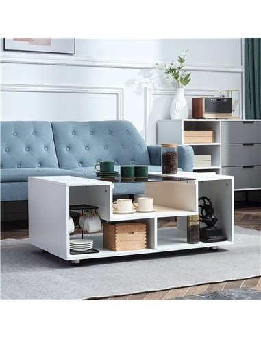 HOMCOM Modern Coffee Table with Tempered Glass Top, Cocktail Table with 3-Tier Storage Shelves for Living Room, White