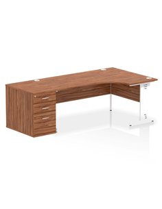 Dynamic Impulse 1800mm Right Crescent Office Desk Walnut Top Cable Managed 800 Deep Desk High Pedestal I004149