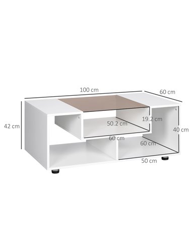 HOMCOM Modern Coffee Table with Tempered Glass Top, Cocktail Table with 3-Tier Storage Shelves for Living Room, White