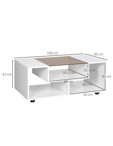HOMCOM Modern Coffee Table with Tempered Glass Top, Cocktail Table with 3-Tier Storage Shelves for Living Room, White - pic 7372 | FastDaddyshop
