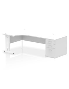 Dynamic Impulse 1800mm Left Crescent Office Desk White Top Cable Managed 800 Deep Desk High Pedestal I004161