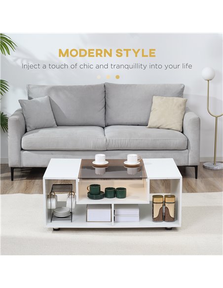 HOMCOM Modern Coffee Table with Tempered Glass Top, Cocktail Table with 3-Tier Storage Shelves for Living Room, White - pic 7373 | FastDaddyshop
