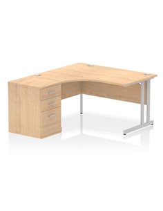Dynamic Impulse 1400mm Left Crescent Office Desk Maple Top Cantilever 600 Deep Desk High Pedestal I004241
