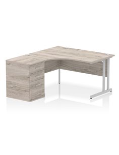 Dynamic Impulse 1400mm Left Crescent Office Desk Grey Oak Top Cantilever 600 Deep Desk High Pedestal I004245