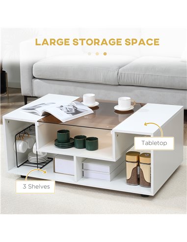HOMCOM Modern Coffee Table with Tempered Glass Top, Cocktail Table with 3-Tier Storage Shelves for Living Room, White