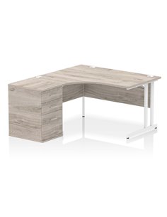 Dynamic Impulse 1400mm Left Crescent Office Desk Grey Oak Top Cantilever 600 Deep Desk High Pedestal I004251