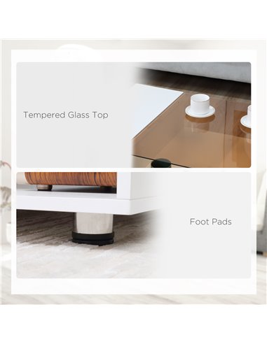 HOMCOM Modern Coffee Table with Tempered Glass Top, Cocktail Table with 3-Tier Storage Shelves for Living Room, White