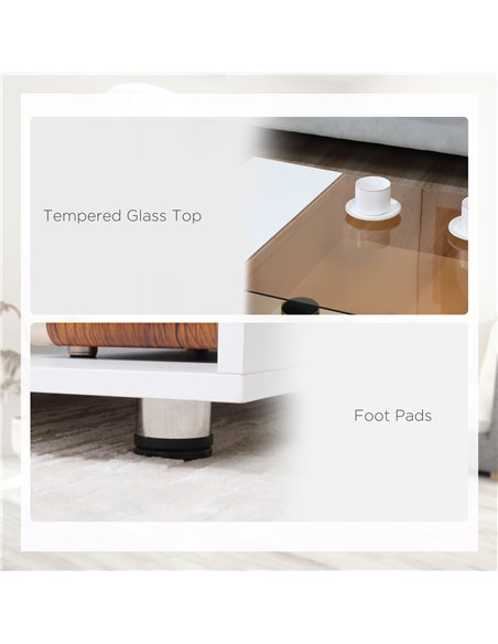 HOMCOM Modern Coffee Table with Tempered Glass Top, Cocktail Table with 3-Tier Storage Shelves for Living Room, White - pic 7375 | FastDaddyshop