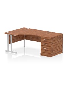 Dynamic Impulse 1400mm Left Crescent Office Desk Walnut Top Cantilever 600 Deep Desk High Pedestal I004267