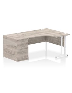 Dynamic Impulse 1400mm Right Crescent Office Desk Grey Oak Top Cantilever 600 Deep Desk High Pedestal I004287