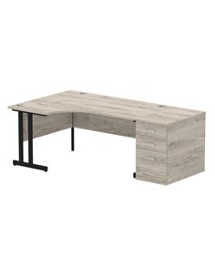 Dynamic Impulse 1600mm Left Crescent Office Desk Grey Oak Top Cantilever 800 Deep Desk High Pedestal I004405