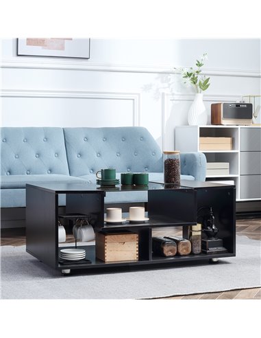HOMCOM Modern Coffee Table with Tempered Glass Top, Cocktail Table with 3-Tier Storage Shelves for Living Room, Black