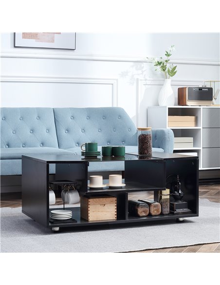 HOMCOM Modern Coffee Table with Tempered Glass Top, Cocktail Table with 3-Tier Storage Shelves for Living Room, Black - pic 7379 | FastDaddyshop