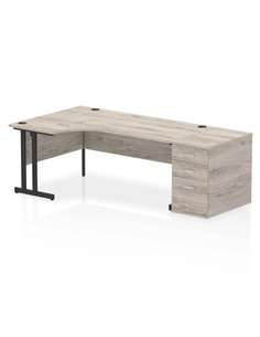 Dynamic Impulse 1800mm Left Crescent Office Desk Grey Oak Top Cantilever 800 Deep Desk High Pedestal I004417
