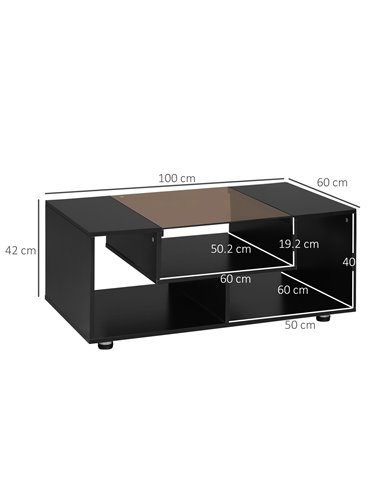 HOMCOM Modern Coffee Table with Tempered Glass Top, Cocktail Table with 3-Tier Storage Shelves for Living Room, Black